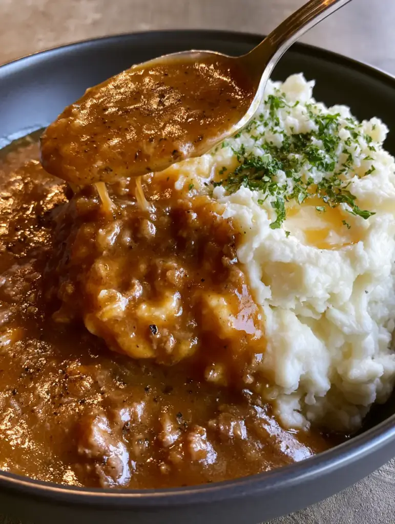 Beef Gravy Dinner with Cloud-Like Whipped Yukon Gold Mashed Potatoes 1 Close up shot of browned ground beef crumbles inside a thick, glossy mahogany gravy with black pepper. (beef gravy dinner)