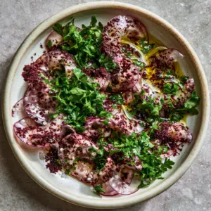A stunning close-up overhead shot of sumac onion salad with glistening oil and deep crimson sumac powder. (sumac onion salad)
