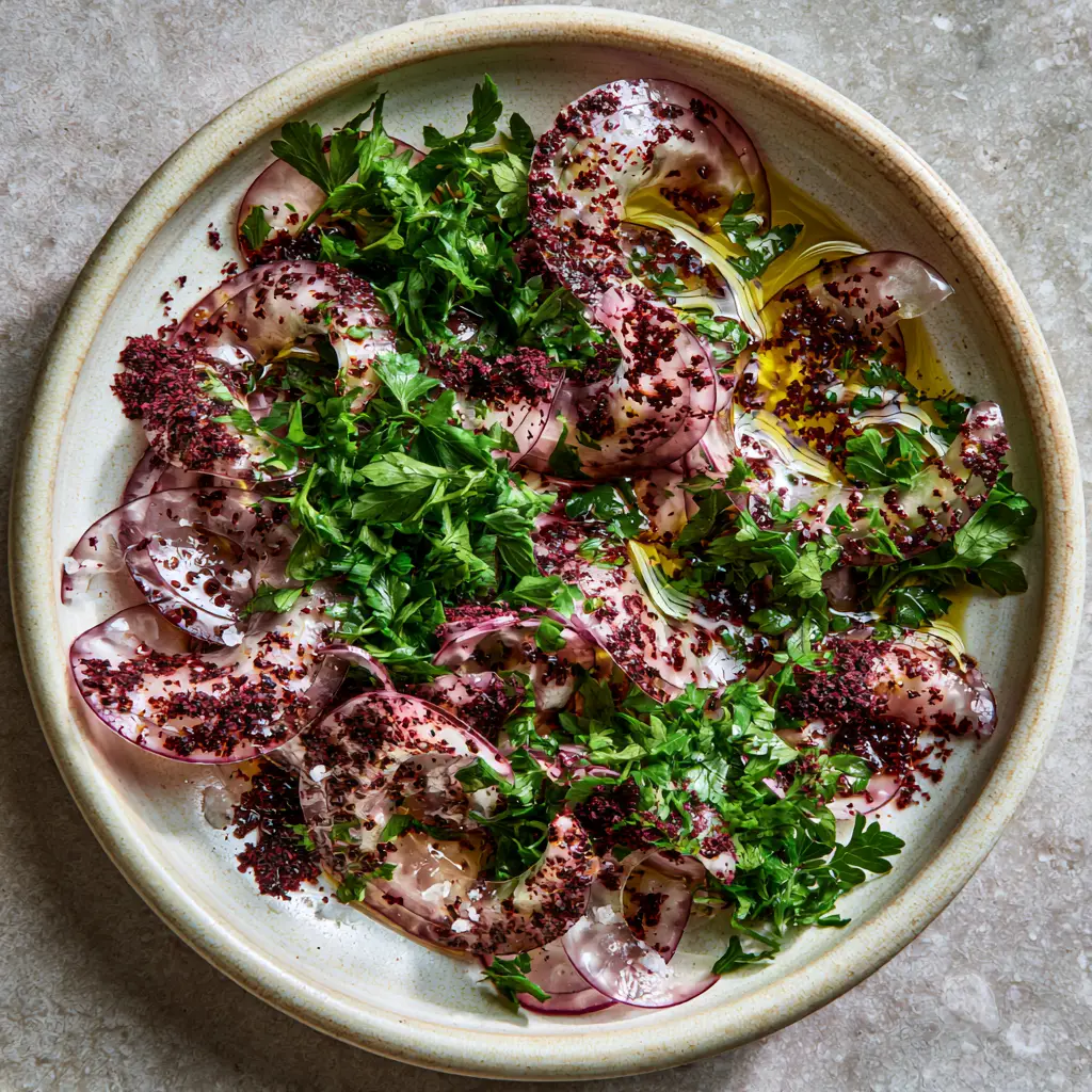 Sumac Onion Salad: The Ultimate Turkish Marinated Onion Recipe 2 A stunning close-up overhead shot of sumac onion salad with glistening oil and deep crimson sumac powder. (sumac onion salad)