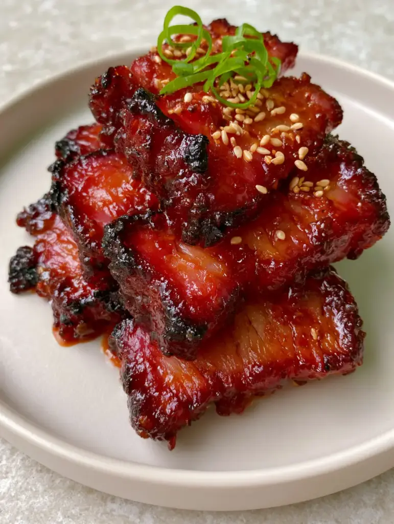 Chinese barbecue pork: The Ultimate Guide to Glistening, Tender Char Siu 2 A macro photo of succulent Chinese barbecue pork slices stacked elegantly with visible pink smoke ring and mahogany glaze. (Chinese barbecue pork)