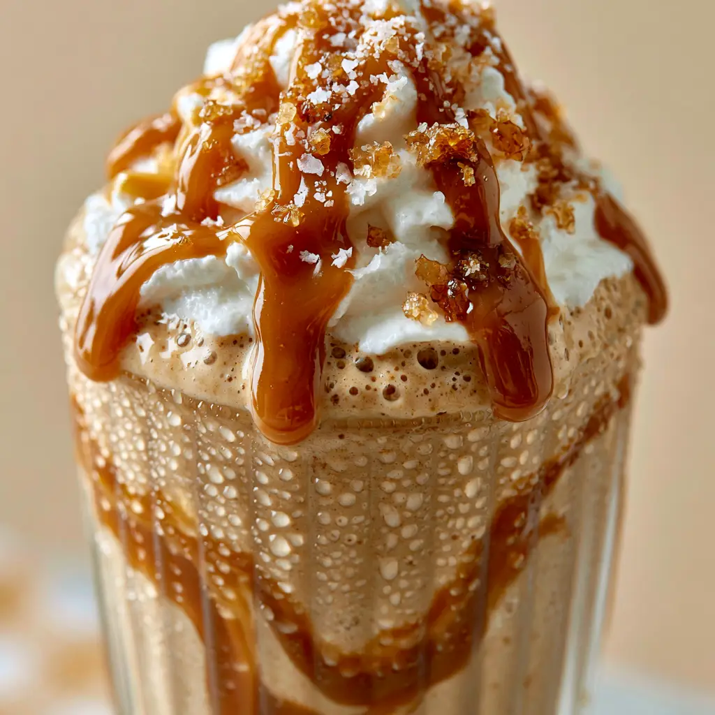Frappe Recipe: The Ultimate Salted Caramel Coffee Shake Copycat 2 Close-up of a frappe recipe with caramel ribbons inside the glass and stiff whipped cream. (frappe recipe)