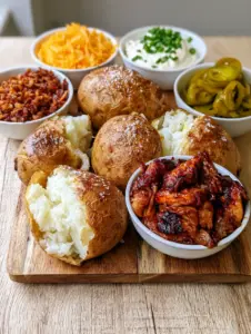 Close up handheld photo of salt-rubbed russet potatoes with steam rising and bowls of BBQ chicken and bacon bits. (loaded baked potato ideas)