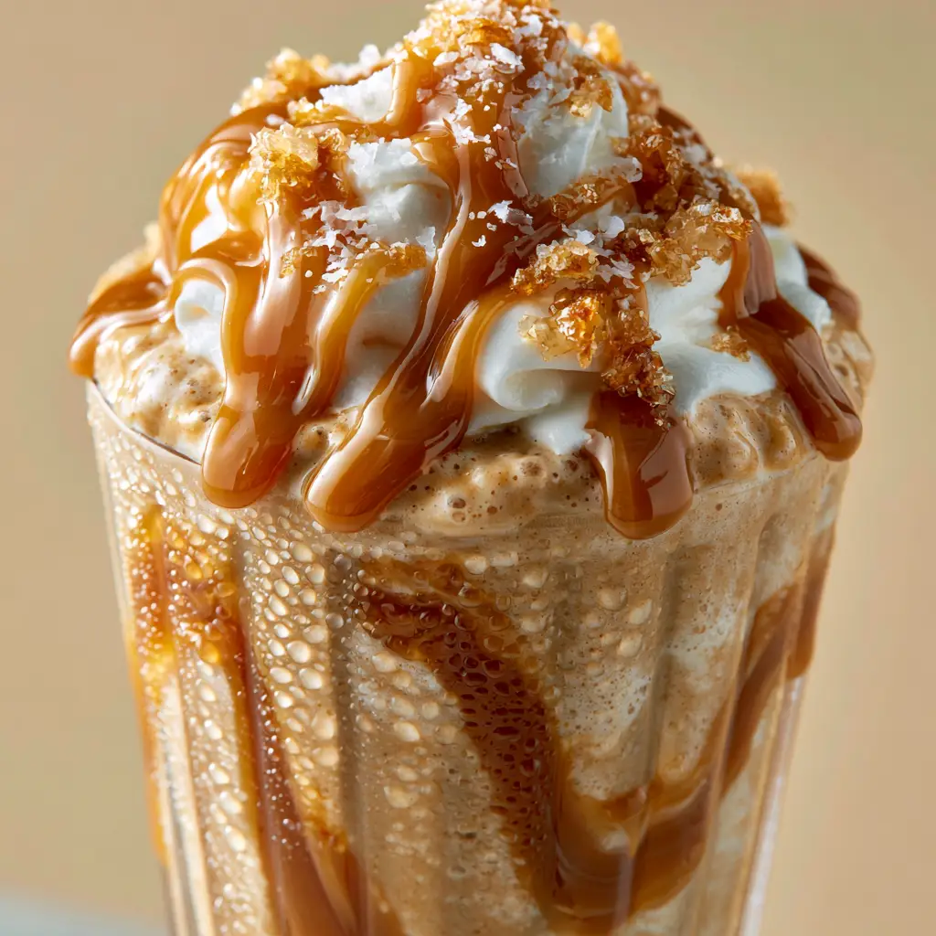 Frappe Recipe: The Ultimate Salted Caramel Coffee Shake Copycat 1 Overhead view of a frappe recipe topped with flaky sea salt and glistening caramel. (frappe recipe)