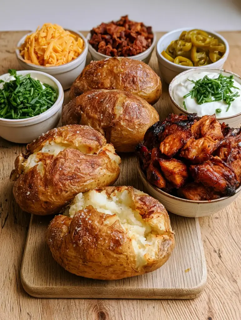 Loaded Baked Potato Ideas for the Ultimate Crispy Topping Bar 1 High angle shot of a potato bar with glossy pulled BBQ chicken, sharp cheddar, and fresh chives.