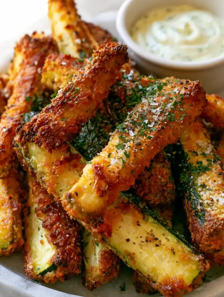 Zucchini Fries with Toasted Parmesan Crust and Lemon Aioli 2 Extreme close-up of golden-brown zucchini fries showing textured parmesan crust and charred edges. (Zucchini Fries)