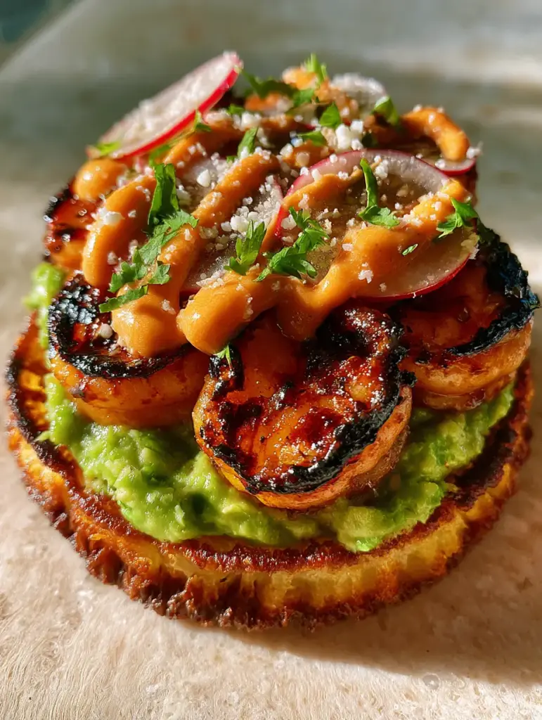 Shrimp Tostada with Chili-Charred Jumbo Shrimp and Chipotle Crema 2 Macro shot of a Shrimp tostada showing the dark charred spots on the succulent shrimp and the zig-zag chipotle crema.