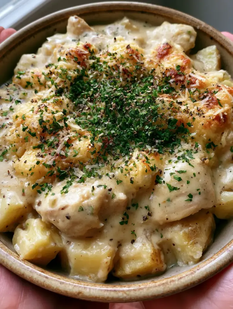 Crockpot Meals: Creamy Garlic Parmesan Chicken and Potatoes 1 Toasted golden-brown parmesan cheese melted over slow-cooked chicken and potatoes.