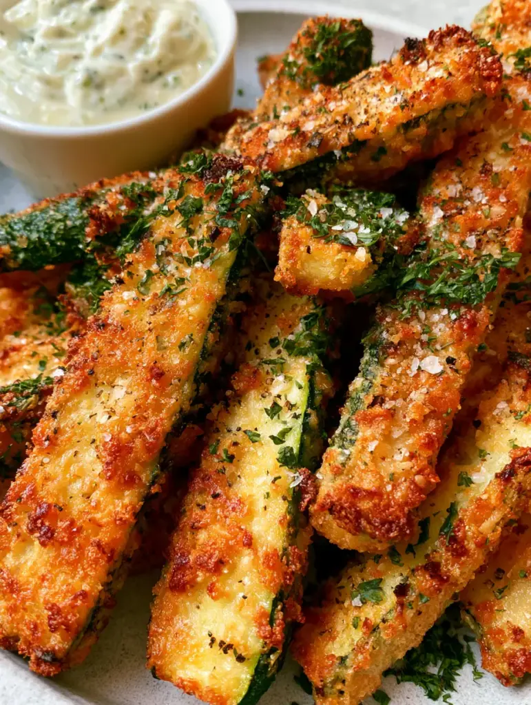 Zucchini Fries with Toasted Parmesan Crust and Lemon Aioli 1 Zucchini fries sprinkled with sea salt and parsley on a grey stone surface with lemon aioli background. (Zucchini Fries)