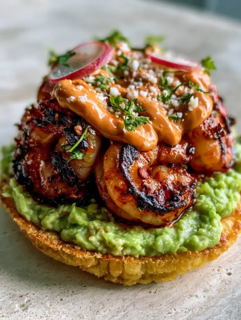 Shrimp Tostada with Chili-Charred Jumbo Shrimp and Chipotle Crema 1 Side-angle shot of a golden-fried Shrimp tostada with paper-thin radish slices and fresh cilantro garnishes.