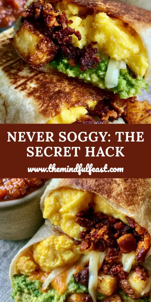 A handheld breakfast burrito sliced in half showing layers of soft yellow eggs, mahogany bacon, white cheddar, and roasted potatoes on a grey linen background. (breakfast burritos recipe)