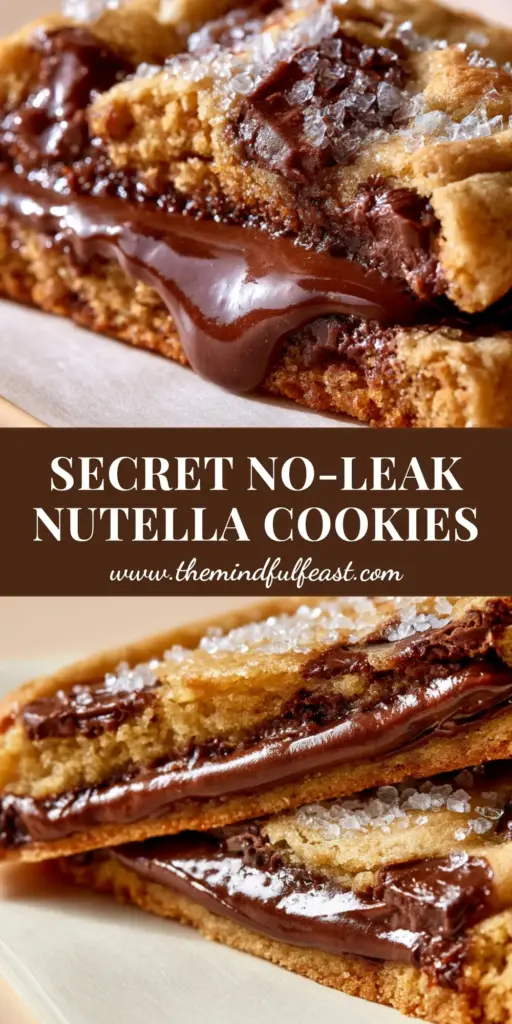Nutella Stuffed Chocolate Chip Cookies: The Ultimate Bakery-Style Molten Treat 4 A macro shot of a thick, freshly baked Nutella stuffed chocolate chip cookie sliced in half with a molten center and flaky sea salt.