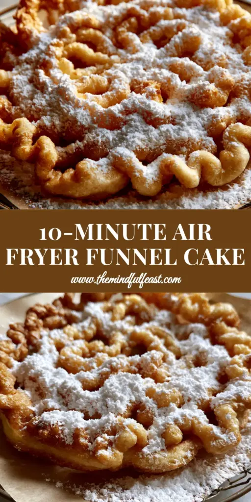 A single golden-brown air fryer funnel cake dusted heavily with powdered sugar on brown parchment paper. (funnel cakes)