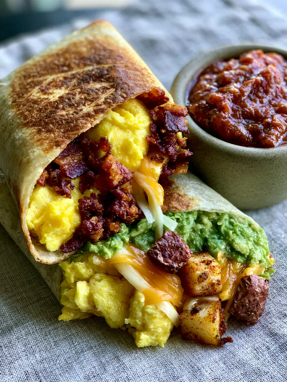 Overhead view of a toasted flour tortilla breakfast burrito with griddle marks and a side of fire-roasted salsa. (breakfast burritos recipe)