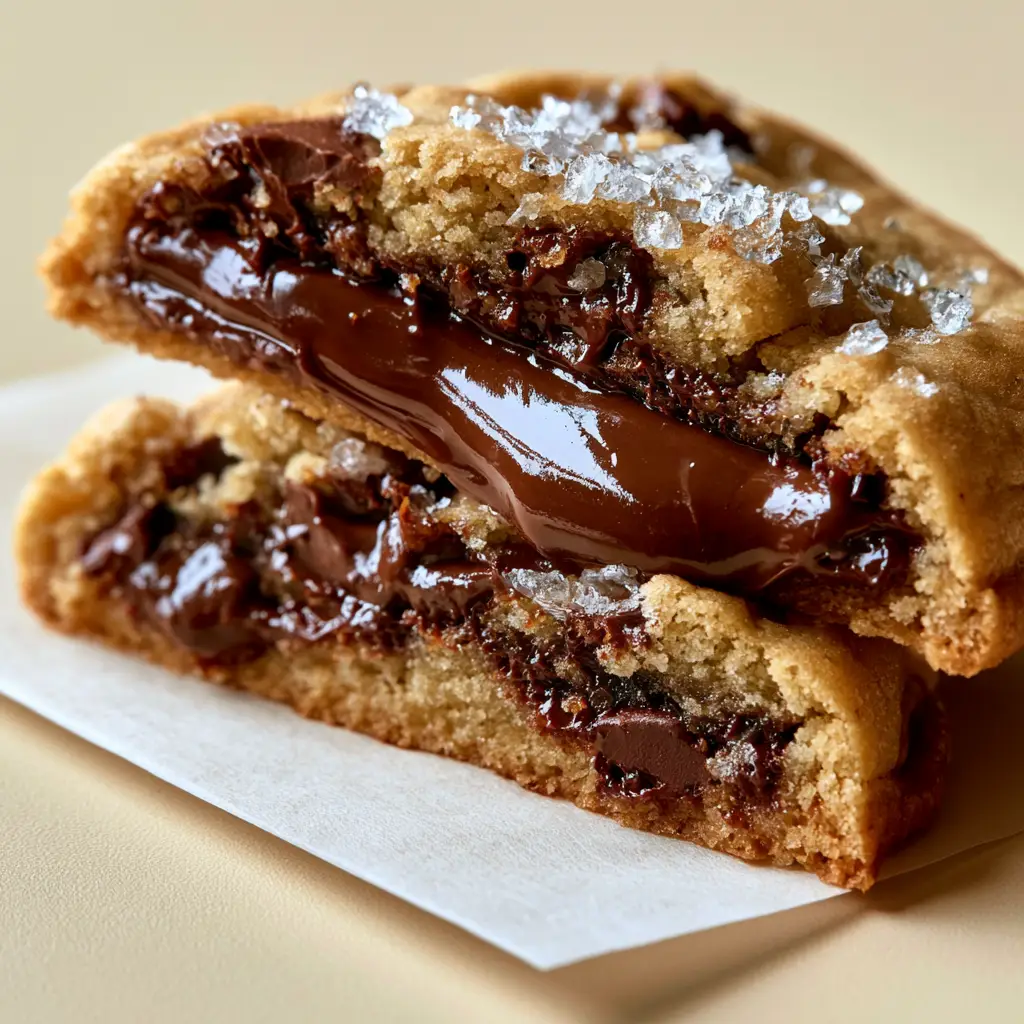 Nutella Stuffed Chocolate Chip Cookies: The Ultimate Bakery-Style Molten Treat 2 Close up of golden-tan Nutella stuffed chocolate chip cookies with melted chocolate chunks and crinkled tops on parchment paper.
