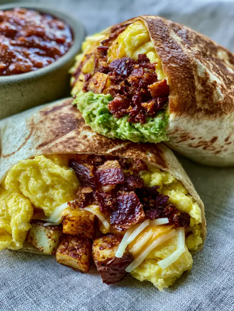 Close-up of the internal layers of a breakfast burrito including vibrant green smashed avocado and melted white cheddar strings.