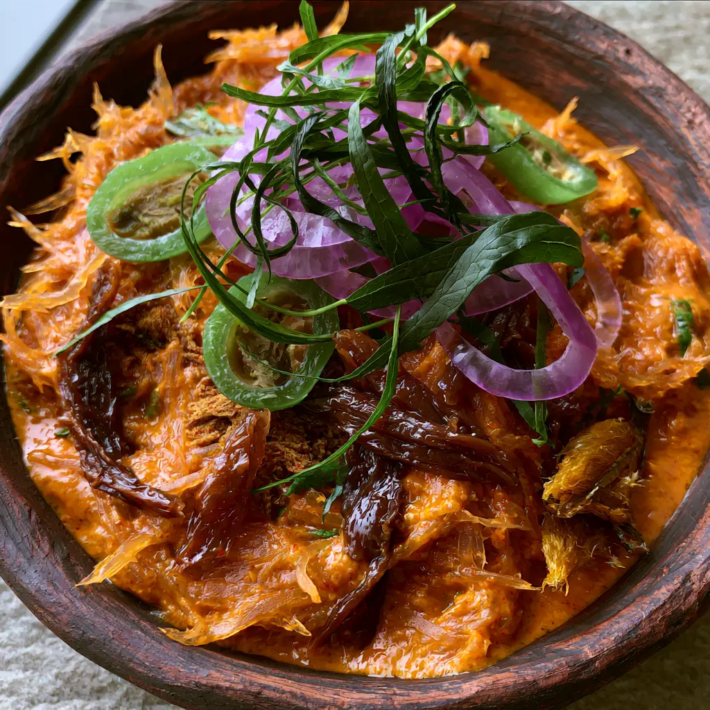 Enugu Abacha: The Ultimate Authentic African Salad Recipe 2 Close-up handheld photo of Enugu Abacha showing the velvety orange palm oil emulsion and glossy ugba slivers.