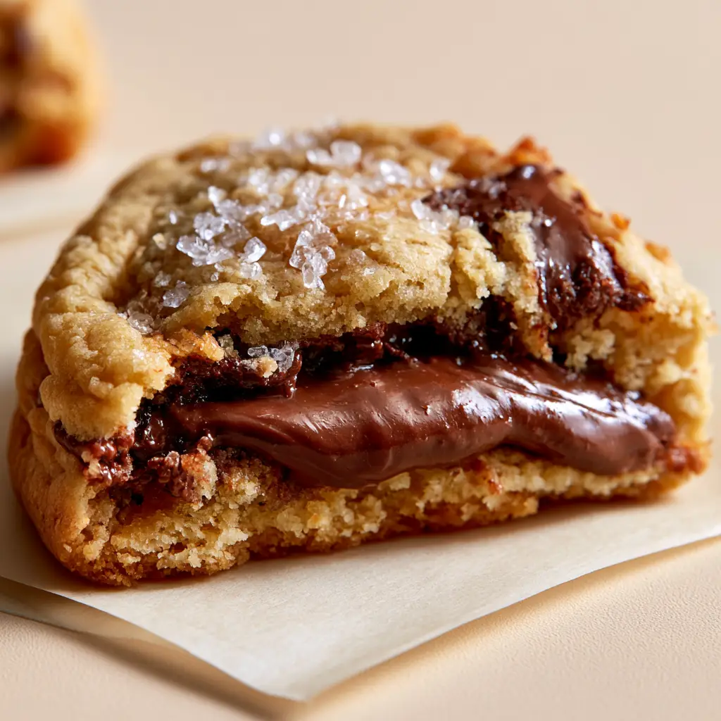Nutella Stuffed Chocolate Chip Cookies: The Ultimate Bakery-Style Molten Treat 1 Eye-level shot of a sliced chocolate chip cookie revealing a dark brown warm molten hazelnut cocoa spread filling.