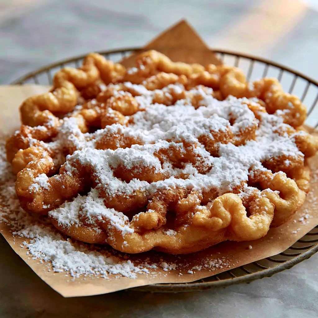 A perfectly golden-brown air fryer funnel cake in a wire basket on marble countertop. (funnel cakes)