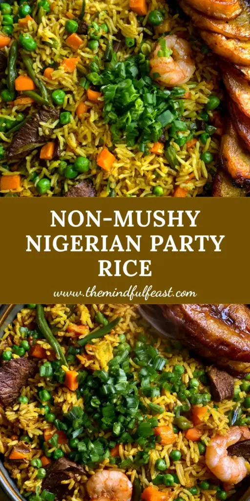 Nigerian Fried Rice Recipe: The Ultimate Golden Party-Style Feast 4 An overhead view of Nigerian Fried Rice with golden grains, pink shrimp, and browned liver in a dark bowl with fried plantains on the side.