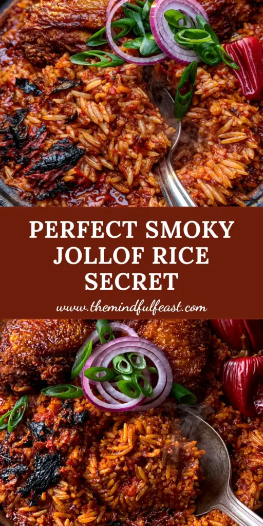 A rustic black clay pot filled with deep red Ghanaian Jollof rice, topped with crispy golden fried chicken, raw red onion rings, and whole scotch bonnets. (Ghanaian dishes)