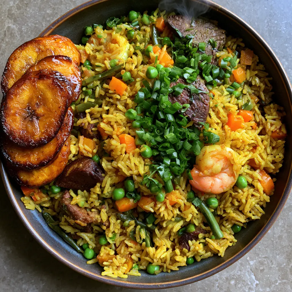 Nigerian Fried Rice Recipe: The Ultimate Golden Party-Style Feast 2 Overhead flat-lay of Nigerian Fried Rice showing individual golden grains, green peas, and diced carrots. (Nigerian Fried Rice)