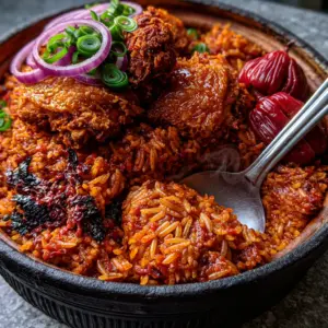 Close-up of long-grain Ghanaian Jollof rice showing charred bell pepper fragments and steam rising from a silver spoon. (Ghanaian dishes)