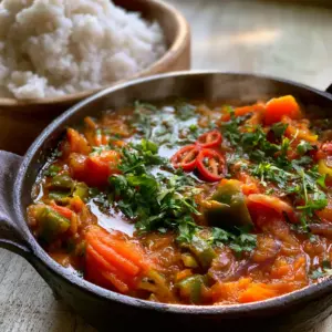 Close-up of thick tomato curry gravy with grated carrots and chunky peppers in a cast iron pot. (South African dishes)