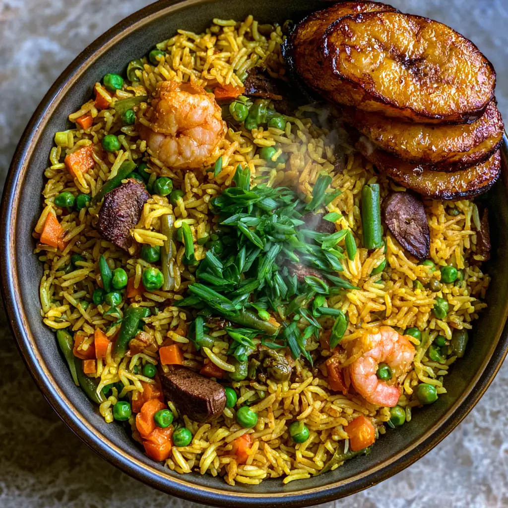 Nigerian Fried Rice Recipe: The Ultimate Golden Party-Style Feast 1 Close up of Nigerian Fried Rice with sautéed shrimp and caramelized fried plantains.