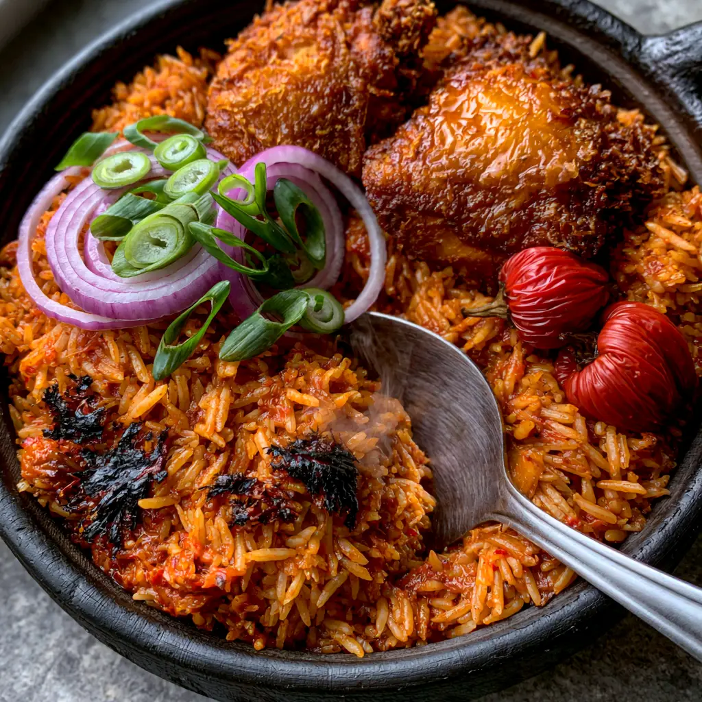 A heap of authentic Jollof rice garnished with bright green scallions and crispy deep-golden fried chicken on a neutral stone background. (Ghanaian dishes)