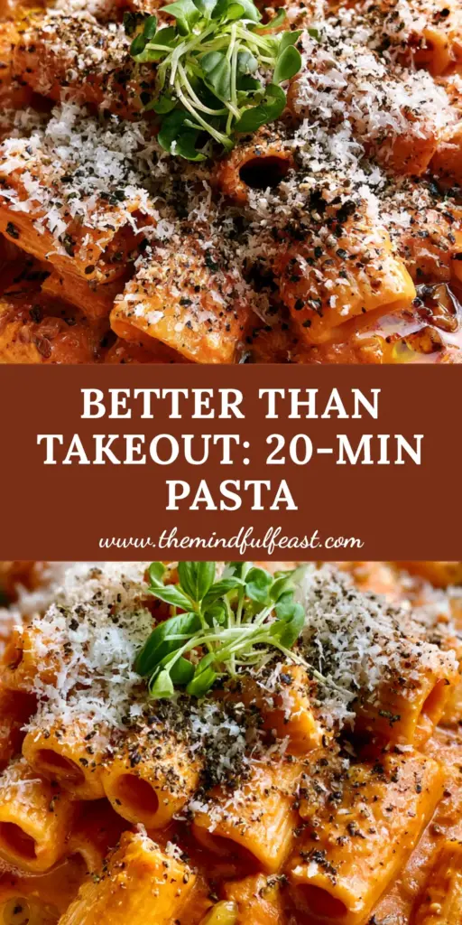 A wide ceramic bowl of rigatoni in a sunset-orange Creamy Garlic Tomato Pasta sauce with pecorino cheese and chili oil pools.