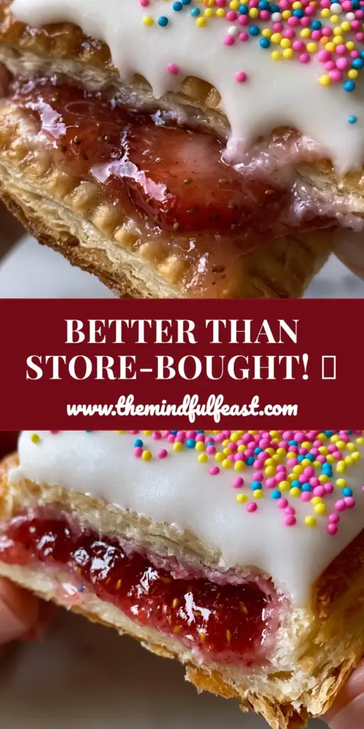 Homemade Pop Tarts with Flaky Puff Pastry and Ruby Strawberry Jam 4 A stack of golden brown homemade pop tarts with white glaze and rainbow sprinkles on a marble countertop.