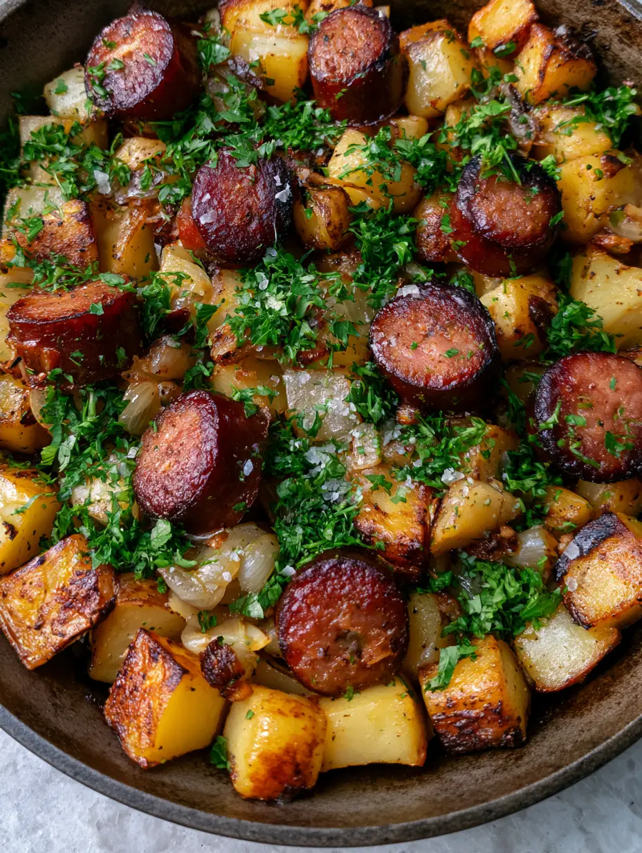 Top-down macro shot of charred smoked sausage rounds and golden-brown Yukon Gold potatoes in a cast iron pan. (sausage dinner ideas)