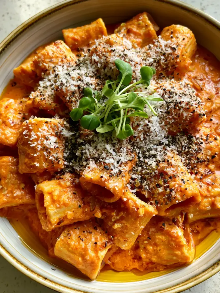 Close-up of rigatoni pasta with a heavy snowfall of pecorino cheese and micro-basil in a thick tomato cream sauce.