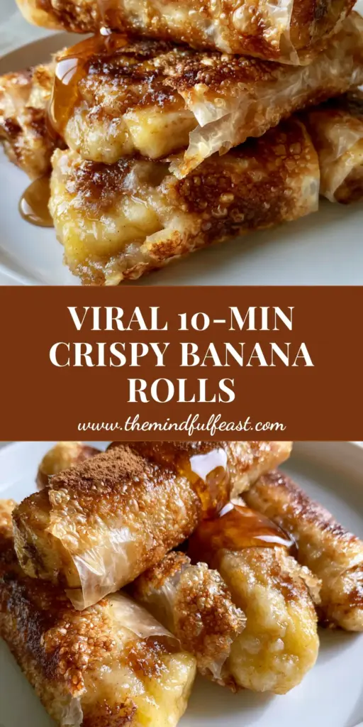 Caramelized Banana Rice Paper Rolls: The Ultimate Crispy Air-Fried Dessert 4 Golden-brown crispy caramelized banana rice paper rolls stacked on a white plate with maple syrup drizzle and cinnamon. (caramelized banana rice paper rolls)