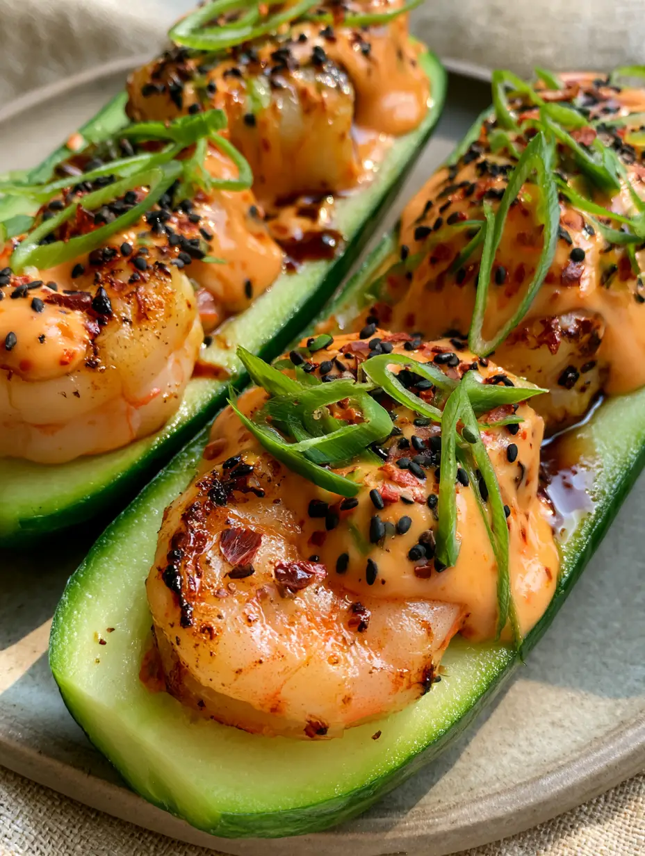 Close up of Spicy Shrimp Cucumber Sushi boats with glossy orange sriracha mayo and black sesame seeds. (Spicy Shrimp Cucumber Sushi boats)