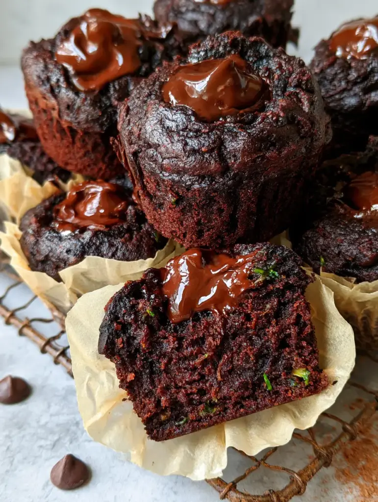Chocolate Zucchini Muffins: The Ultimate Recipe for a Fudgy, Dark Cocoa Treat 1 Broken open chocolate zucchini muffin showing steaming interior and green flecks.