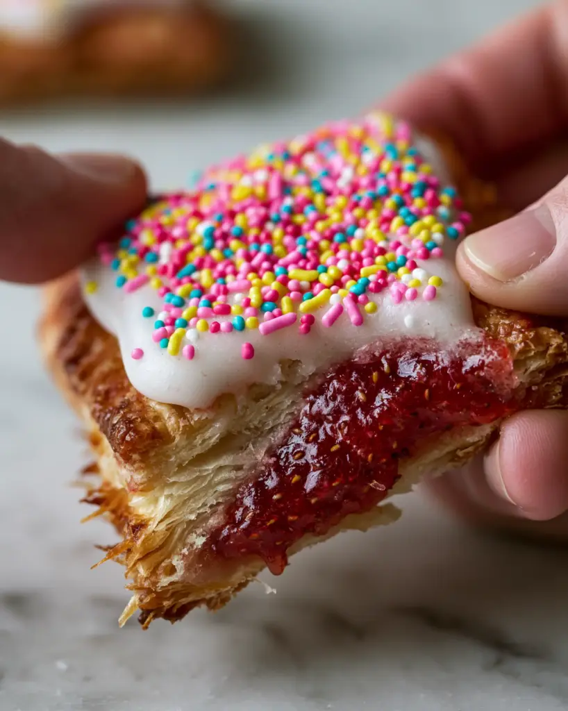 Homemade Pop Tarts with Flaky Puff Pastry and Ruby Strawberry Jam 2 Macro close-up of homemade pop tarts being pulled apart to reveal glistening strawberry jam seeds and flaky crust.