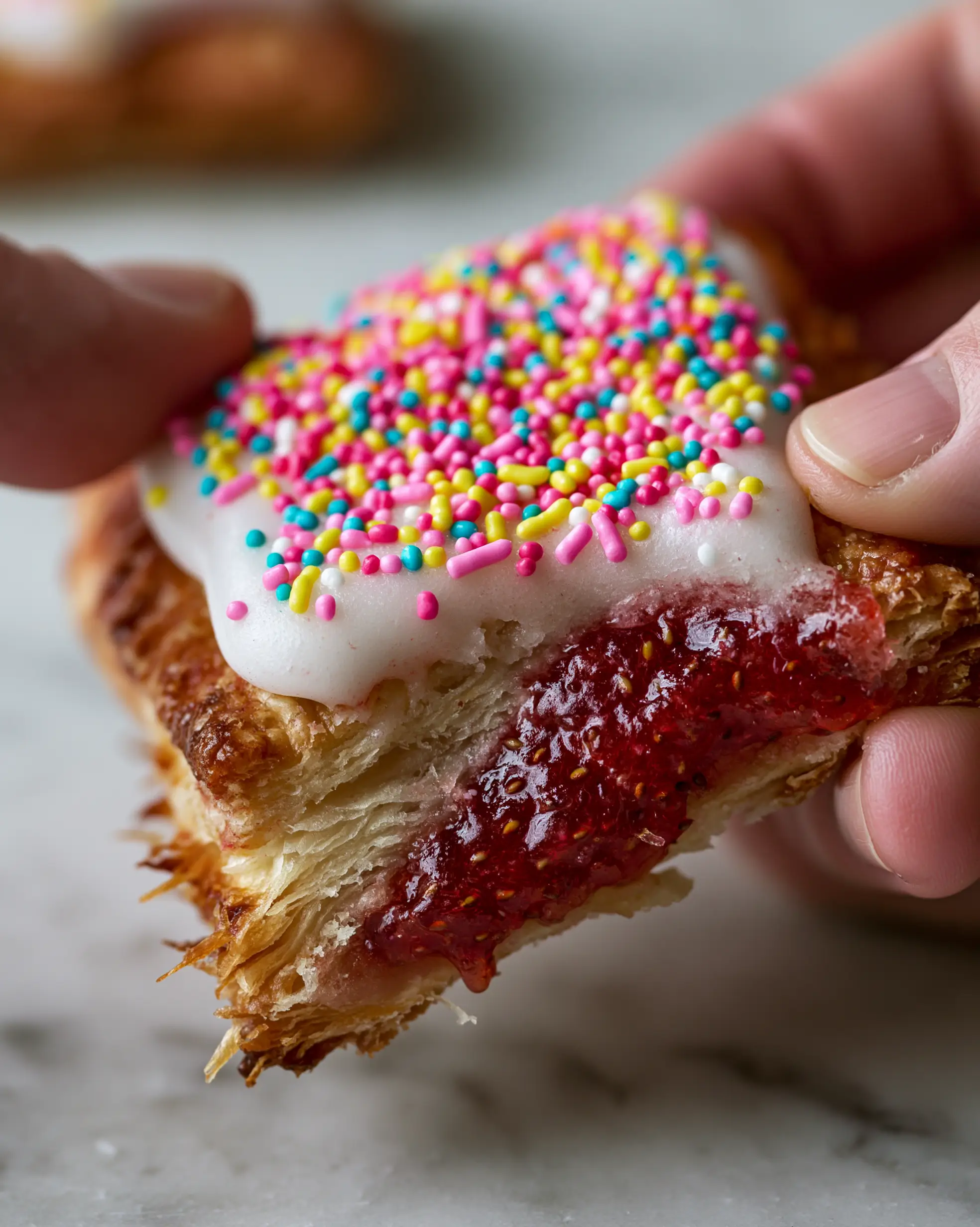 Homemade Pop Tarts with Flaky Puff Pastry and Ruby Strawberry Jam 3 Macro close-up of homemade pop tarts being pulled apart to reveal glistening strawberry jam seeds and flaky crust.