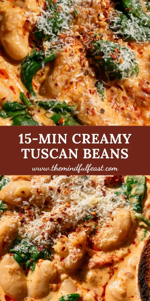 Tuscan Butter Beans: The Ultimate Creamy Skillet Recipe 4 A top-down angled shot of creamy Tuscan butter beans in a black skillet with spinach, sun-dried tomatoes, and a slice of sourdough dipping in.