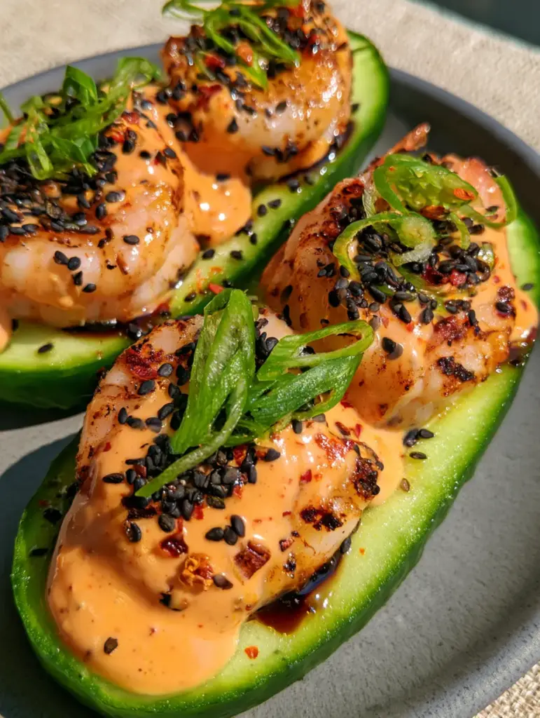 Three cucumber sushi boats garnished with scallions and chili flakes on a neutral beige background.