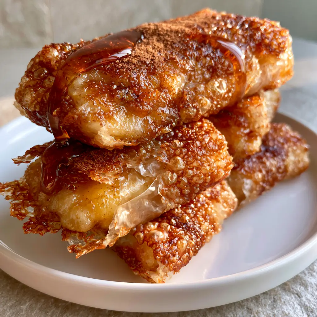 Caramelized Banana Rice Paper Rolls: The Ultimate Crispy Air-Fried Dessert 2 A close-up handheld shot of a blistered rice paper roll showing the gooey yellow banana center. (caramelized banana rice paper rolls)