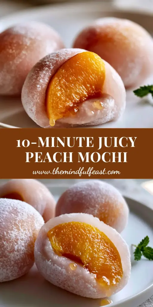 A minimalist white ceramic plate featuring three handcrafted peach mochi balls, one sliced to reveal a juicy orange peach wedge and white bean paste. (Peach Mochi)