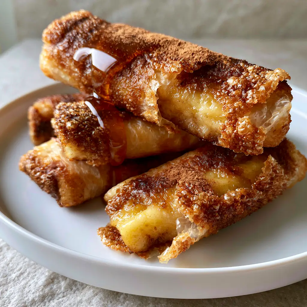 Caramelized Banana Rice Paper Rolls: The Ultimate Crispy Air-Fried Dessert 1 Stacked caramelized banana rice paper rolls on a minimalist ceramic plate with natural side lighting.