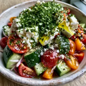 Close-up of a Cucumber Onion Tomato Salad showing the textures of chunky cucumber skin and ruby red heirloom tomato pulp.