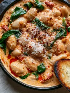 Close-up of plump cannellini beans in a pale orange cream sauce with wilted spinach and Parmesan. (Tuscan butter beans)