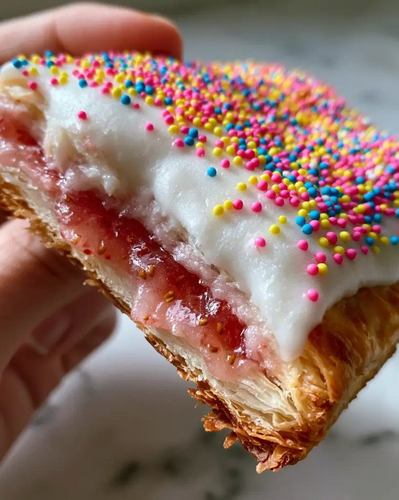 Homemade Pop Tarts with Flaky Puff Pastry and Ruby Strawberry Jam 1 Close-up of the thick opaque white glaze and rainbow sprinkles on homemade pop tarts.