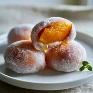 Extreme macro close-up of three pink peach mochi balls dusted in white starch on a white plate. (Peach Mochi)