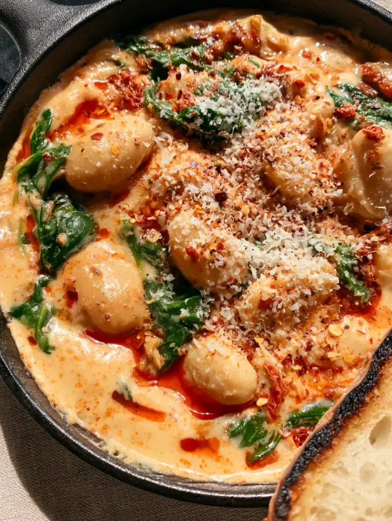 Tuscan Butter Beans: The Ultimate Creamy Skillet Recipe 1 Rustic matte black skillet filled with Tuscan butter beans, garnished with red pepper flakes and micro-planed cheese.