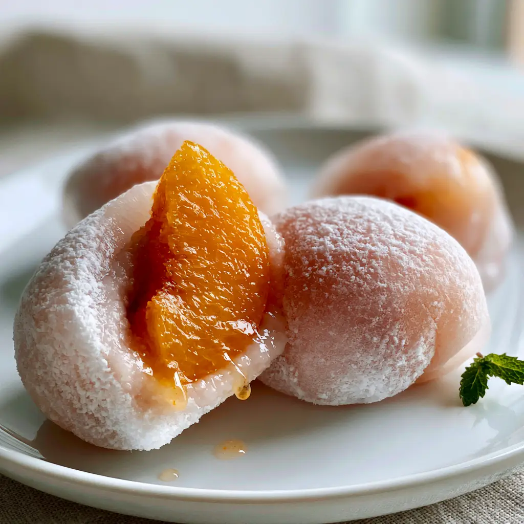 A sliced peach mochi revealing a vibrant orange peach wedge nestled inside a thin layer of sweet white bean paste.