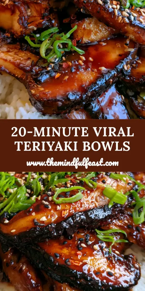 A minimalist matte charcoal bowl filled with Teriyaki mushrooms and rice bowl, featuring charred shiitakes and a glossy amber glaze.